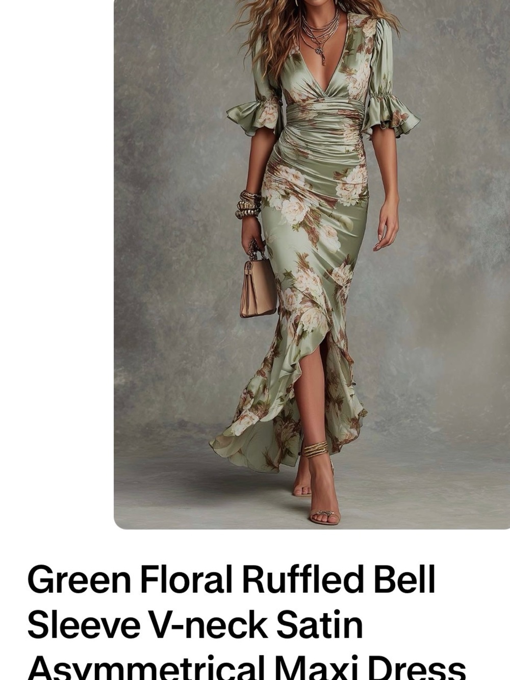 Green Floral Ruffled Bell Sleeve V-Neck Satin Maxi Dress